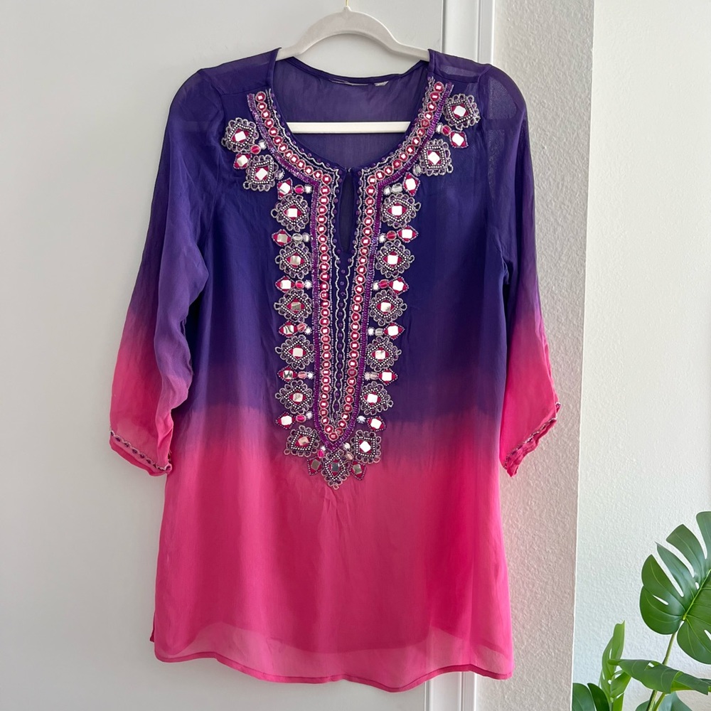 Embroidered Ombré Top/Tunic - Pink Purple with Mirrored Beaded Embellishments